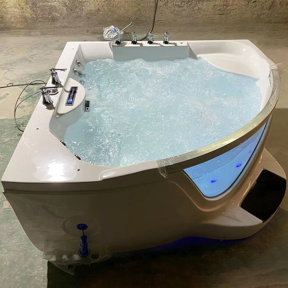 Low price 1500mm 2 sided skirt clear glass acrylic hydraulic massage bathtub whirlpool