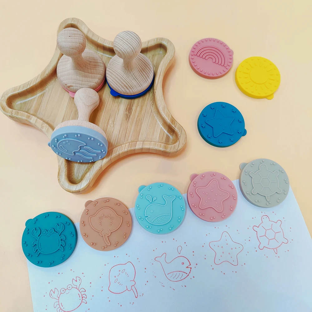 Hot Selling Silicone Custom Set Toy Wooden handle Stamp For Gifts And Kids