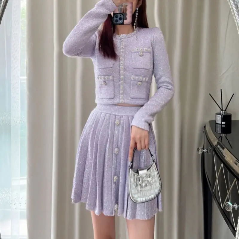 Bettergirl 2023 autumn and winter purple pearl knitted short coat pleated skirt 2 pieces suit sales only coat