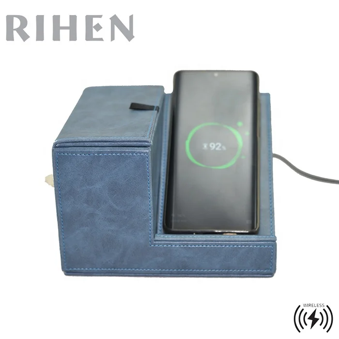 
10W Wireless charging station and power station with Tissue Box PU Leather desktop organizer 