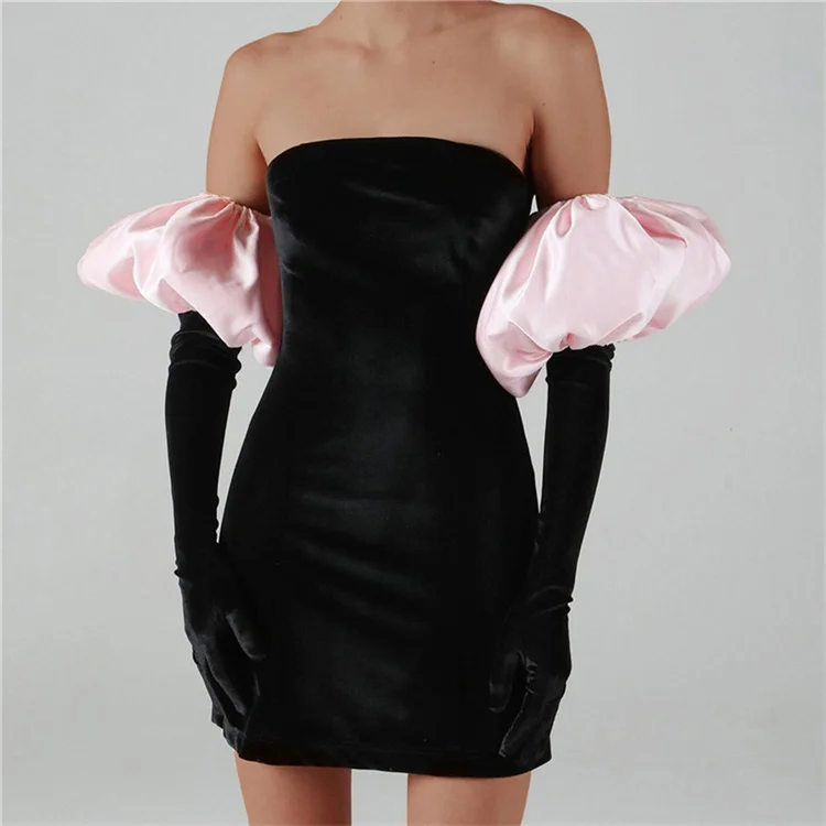 Women Clothing Summer Off Shoulder Black Mini-dresses Puff Sleeve Mini Dress Strapless Velvet Dress Elastic Bodycon With Gloves