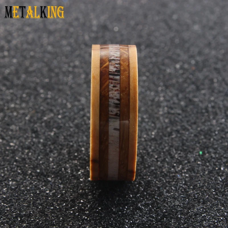 Oliver wood ring with Nature Antler Whiskey Barrel Wood Inlay, Mens Wedding Ring,