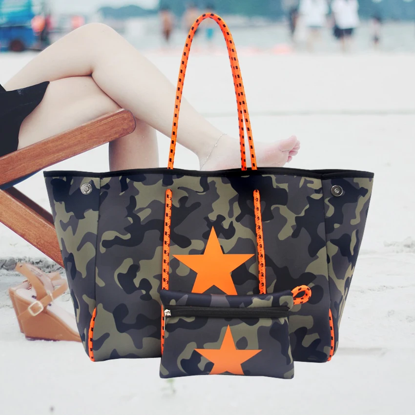 2024 Hot Selling Travel Summer Large Neoprene Beach Tote with Phone Wallet Set Perforated Women Beach Bag Neoprene Tote Bag