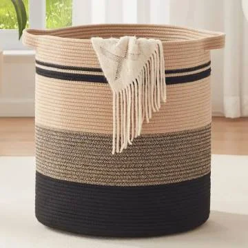 Handmade Hot Selling Large Round New  Laundry Cotton Rope Woven Storage Basket with Durable Handle for Bathroom Decoration