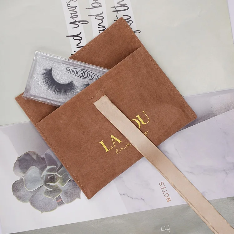 Custom logo printed cosmetic perfume bag luxury brown envelope flap suede jewelry pouch