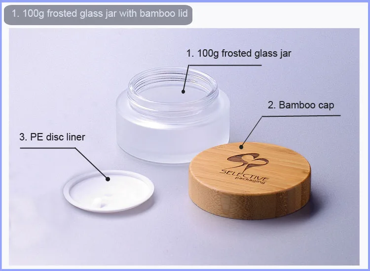 100g frosted clear  glass jar with bamboo cap