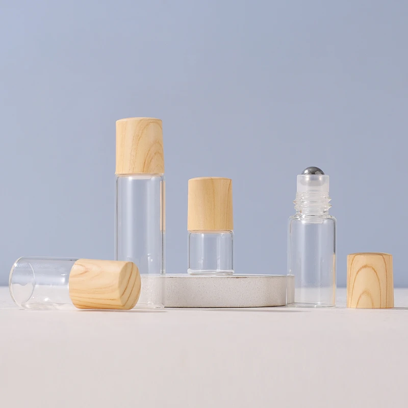 1ml2ml3ml5ml bottle suitable for essential oils natural clear glass roller bottles wood caps, thick glass bottle