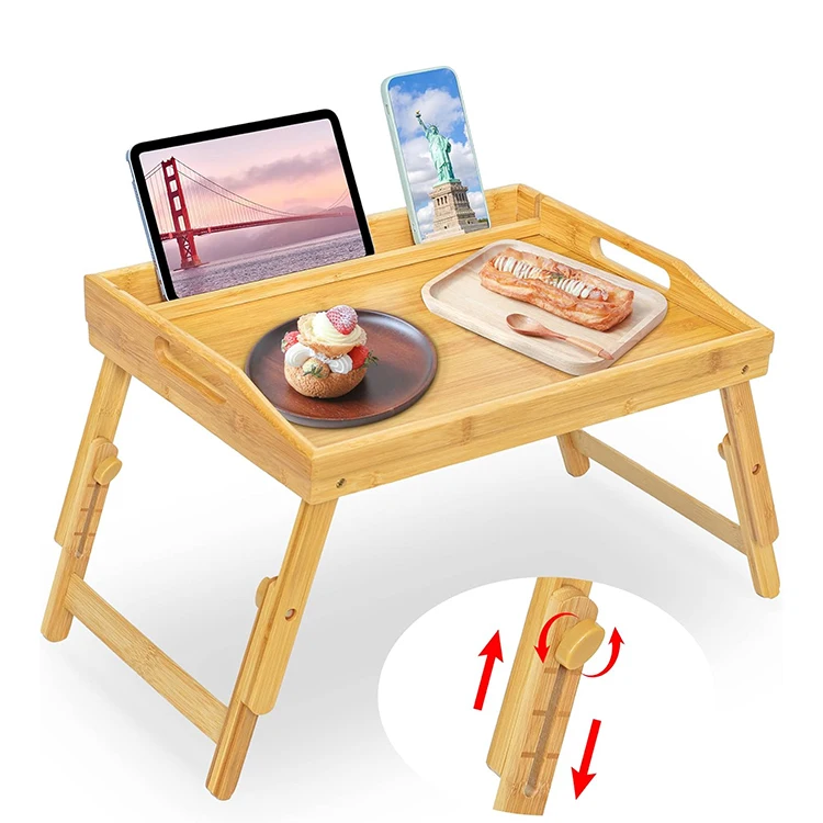 Adjustable Height Bamboo Breakfast Food Table with Folding Legs Phone Tablet Holder and Serving Tray for Bed Tray Use