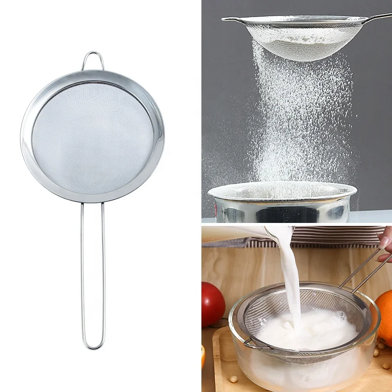 Flour Sieve Colander Mesh Oil Strainer Stainless Steel Kitchen Sieves with Long handle