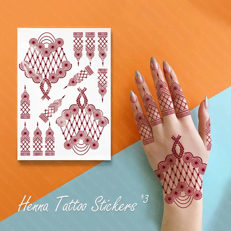 High Quality Red Brown Mehndi Waterproof Temporary Henna Tattoo Stickers For Hand