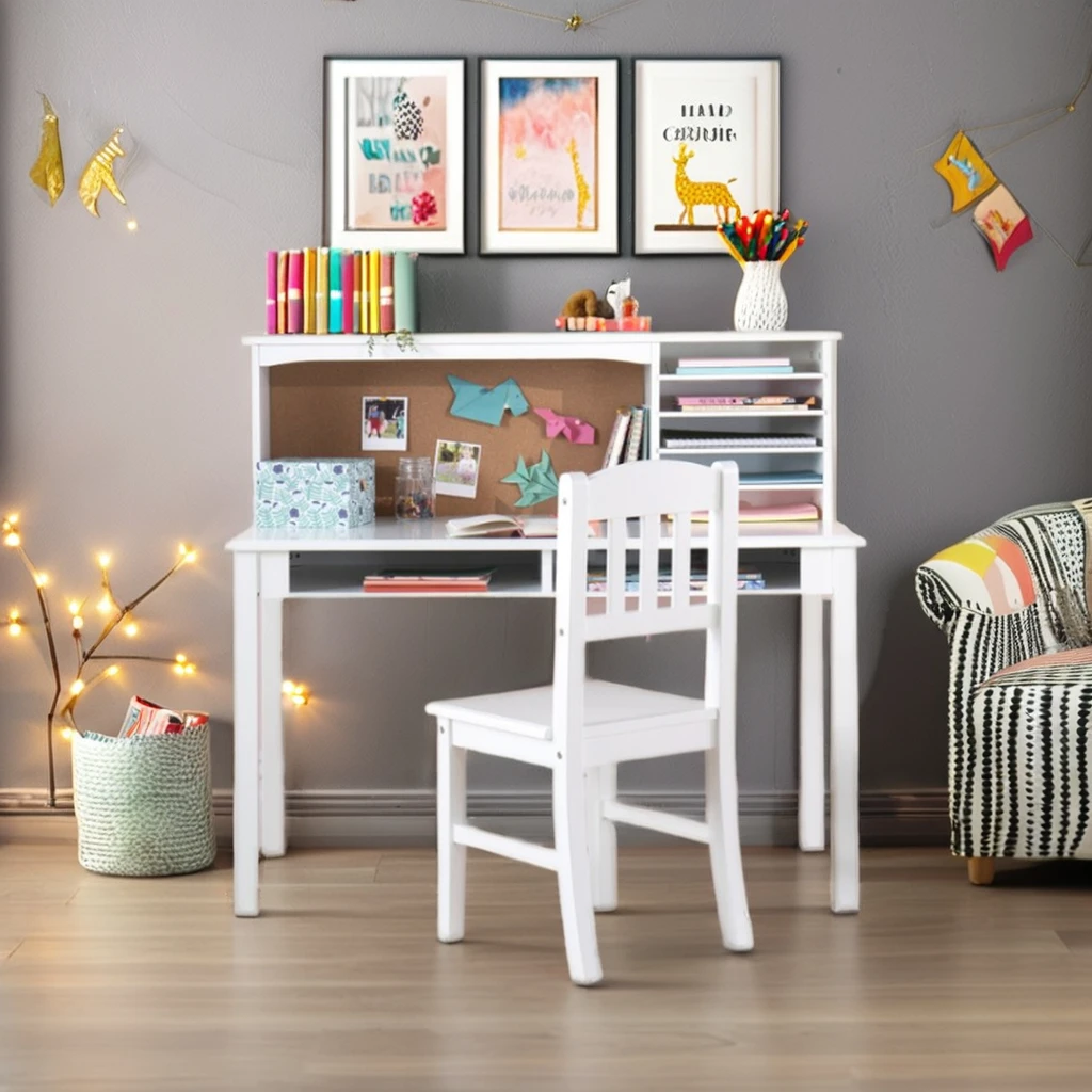 Teens child bedroom room white learning writing wood furniture kids study table desk and chair set