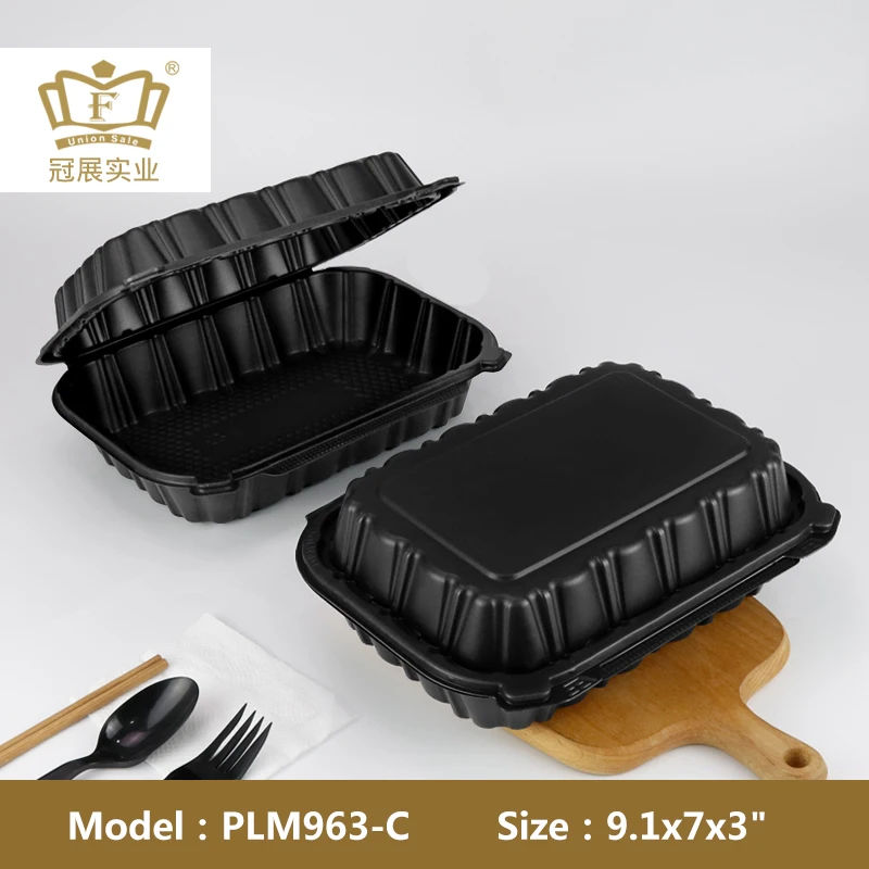 wholesale to go 9 x 6 x 3 inch MFPP eco-friendly hinged lid microwave food container black color plastic lunch box
