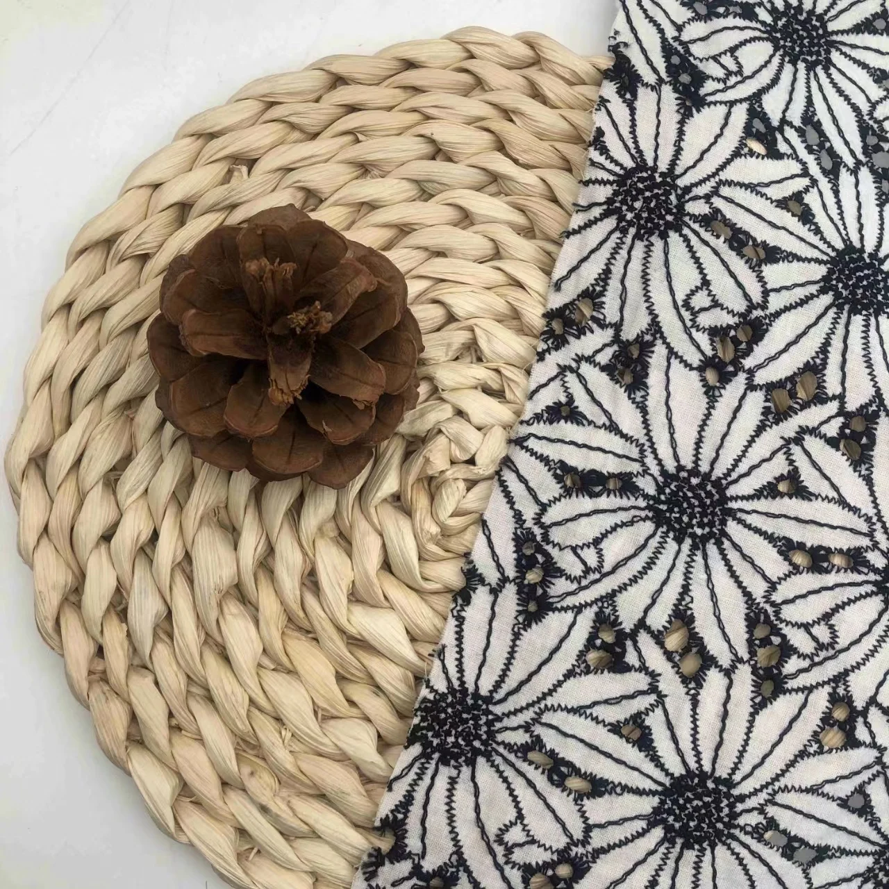 Jiede Black White Ivory Swiss 100% Cotton Eyelet Voile double color floral embroidery lace fabric