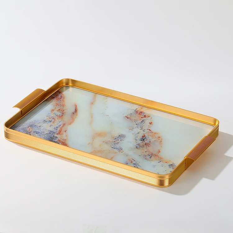 Hotel decoration rectangle white tempered glass service tray home decor trays decorative serving tray with aluminum frame