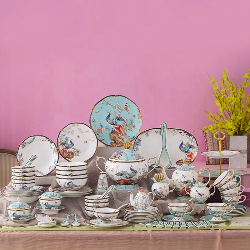 Chinese Dishes Set High-end Exquisite Luxury Ceramic Plates Dishes European Style Bone China Tableware Dinnerware Sets
