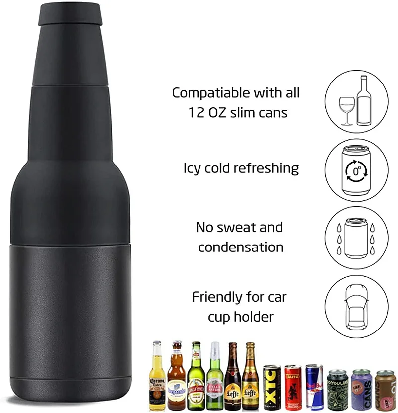 3 in 1 Can and Beer Bottle Double Wall Stainless Steel Insulated wine Can Cooler with Beer Opener 12oz Black