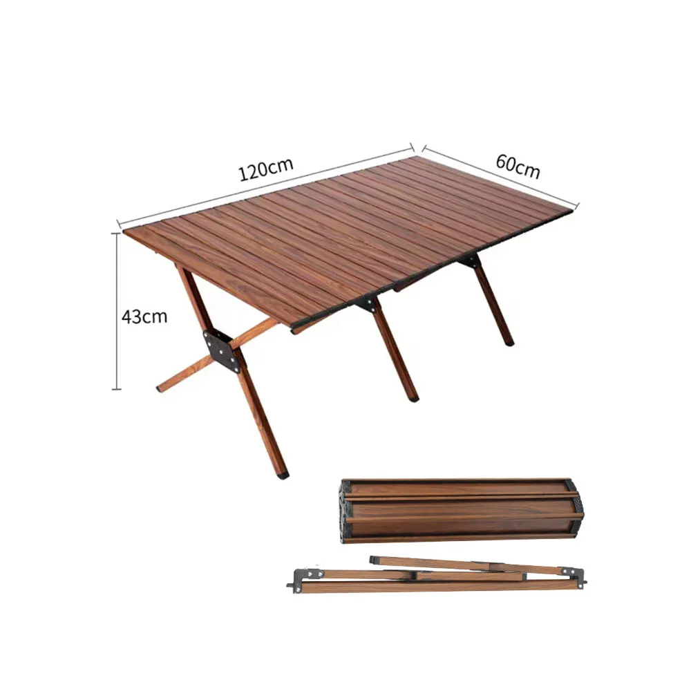 Outdoor Wood Color Aluminum Portable Rolling Table Folding Picnic Camping Table with Three Legs