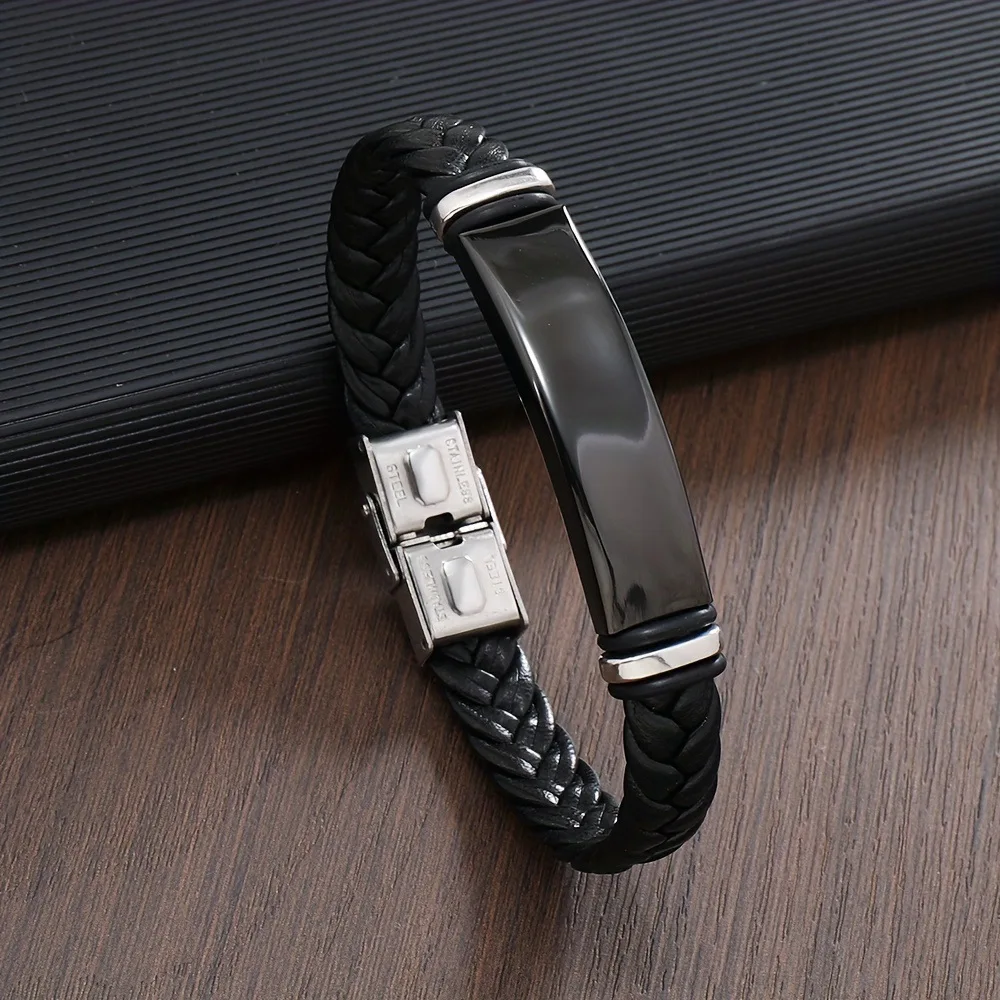 Fashion Classic Titanium Steel Bracelet with Woven Leather and Lettering Charm Style Bracelets For Men