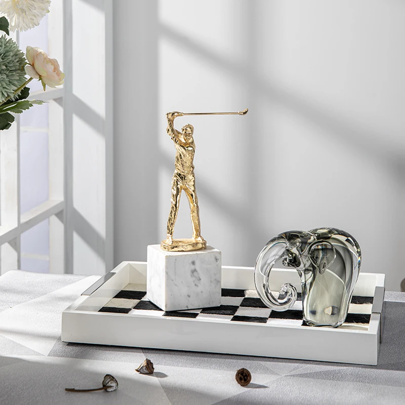 Modern light luxury black and white checkerboard grid horsehair wood tray entryway hotel jewellery storage tray