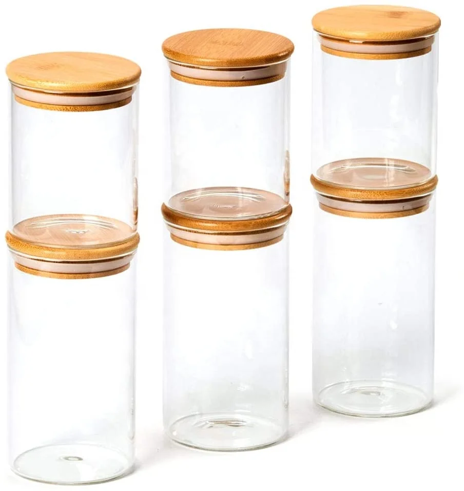 Hand made high quality decorative storage glass jar straight sided glass jar bamboo lid