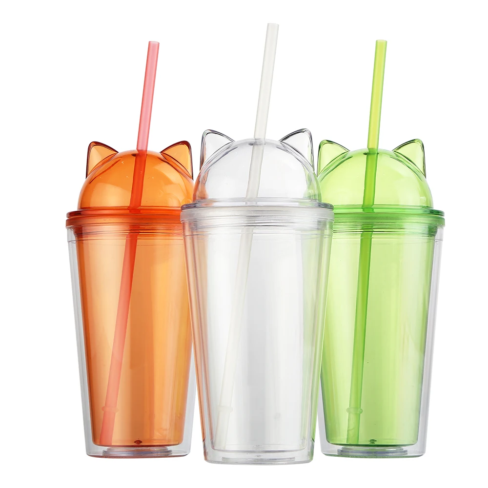 
Wholesale products custom clear reusable drinking double wall glitter cat ear plastic drinking cup with straw 