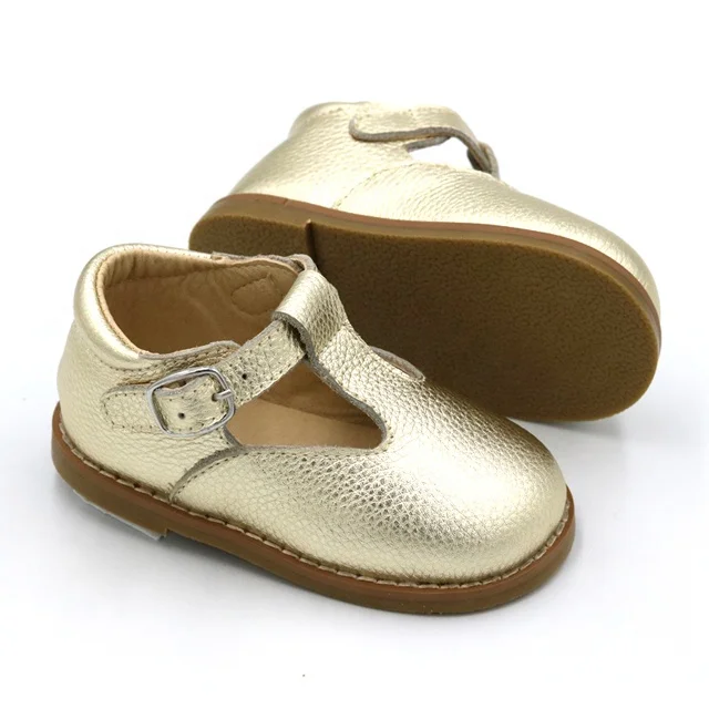 Fashion Buckle Strap Real Leather T-bar Hard Sole Girl Children Dress Shoes
