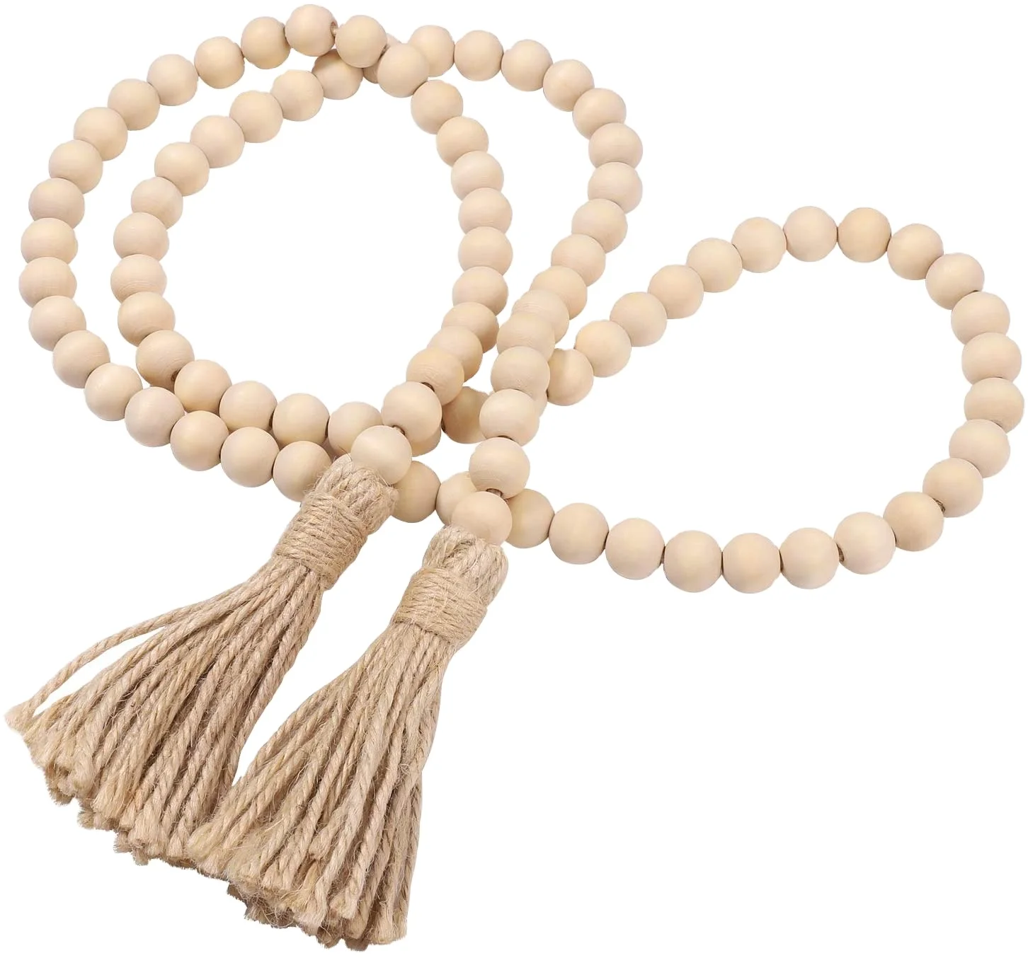 TaiLai Wooden House Decoration 58 inch Wood Bead Tassels Garland Farmhouse Rustic Country Holiday Decoration Wood bead necklace.