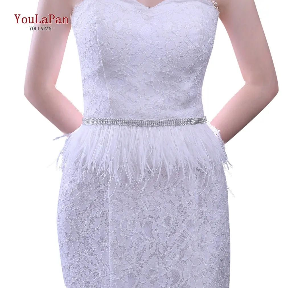 YouLaPan S496A Wedding White Feather Custom Wholesale Offers China Bride Women Rhinestone Tassel Party Dress Bridal Belt