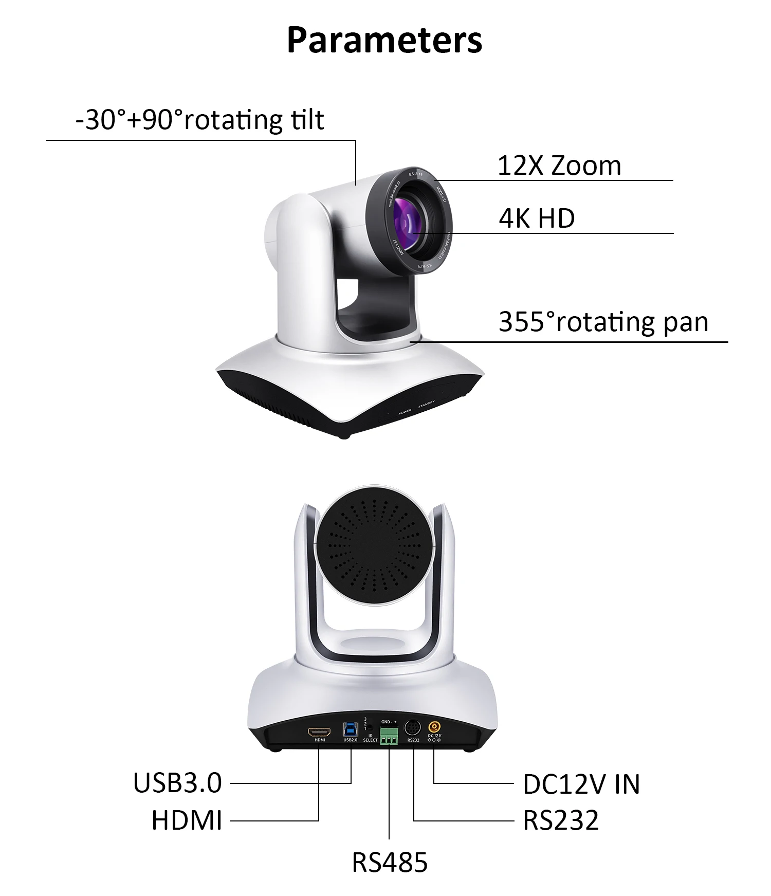 12X zoom Ultra HD 4k camara filmadora ptz camara de video 4k image quality HDMI+USB 3.0+LAN video conference camera