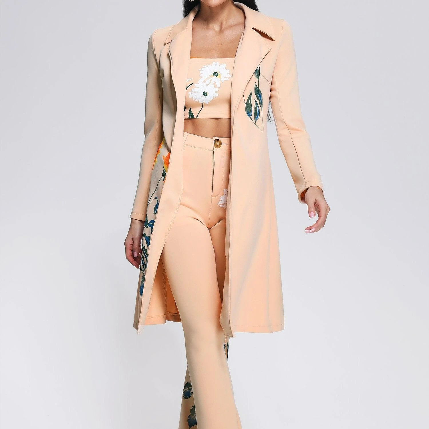 BEISHI Fashion Long Sleeve And Pants Flower Floral Print Three Piece Set Womens Suits And Blazer Ladies Suits Office Wear