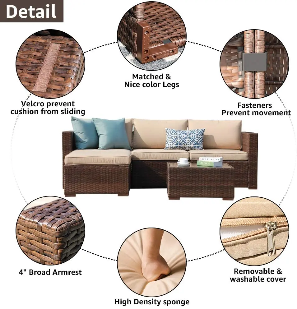 5 pieces Outdoor Sofa Set Wicker Rattan Furniture Outdoor Furniture Garden Set Plastic Resin Chair and Glass Coffee Table