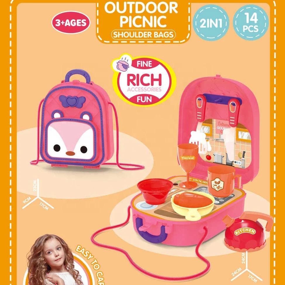 Plastic Mini  Indoor Shoulder Bag Backpack Cooking Pretend Play Game Kitchen Toy Set For Kids