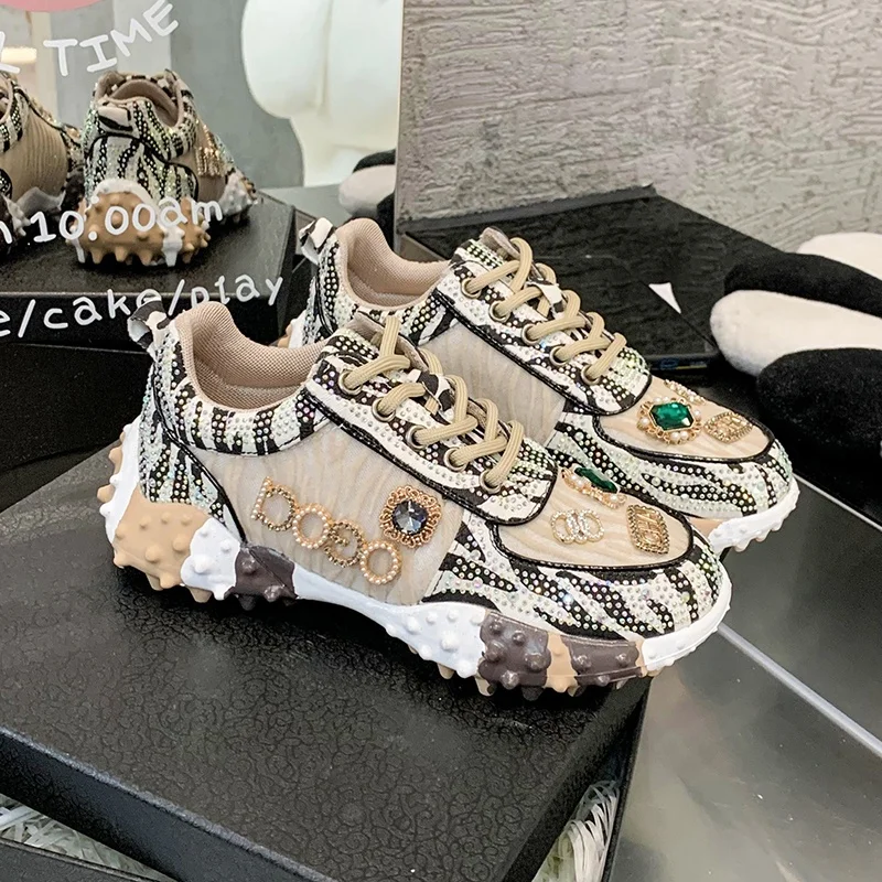 New Fashion Chunky Sole Women Casual Walking Style Shoes Other Trendy Low Top Rhinestone Lady Vegan Sneakers.