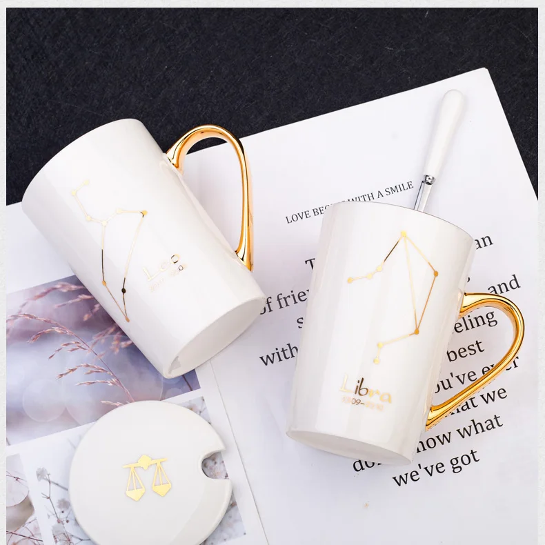 Cheap Price  White Black 12 Constellations Gold Pattern Ceramic Coffee Mug With Lid Spoon And Gold Handle For Souvenir