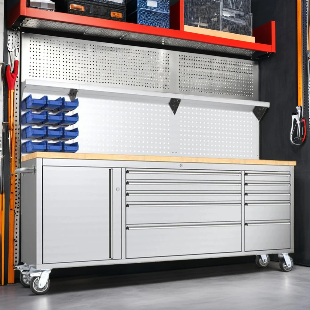 Stainless Steel Garage Cabinets Metal Roller Tool Box & Workbench for Tool Storage for Mechanics and Workshop Use