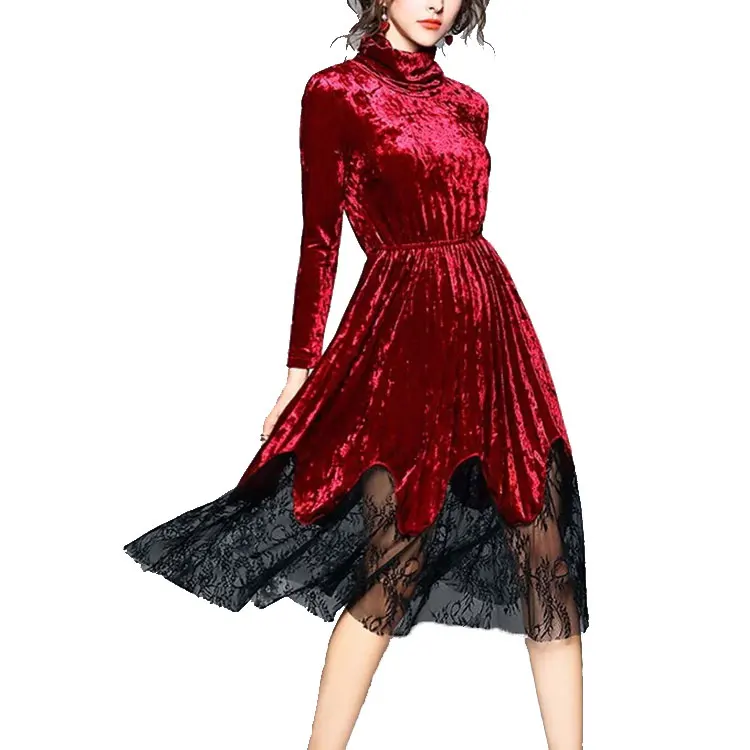 best selling stand collar spring fall red velvet dress new designs super soft Pleated Velvet Dress with Lace