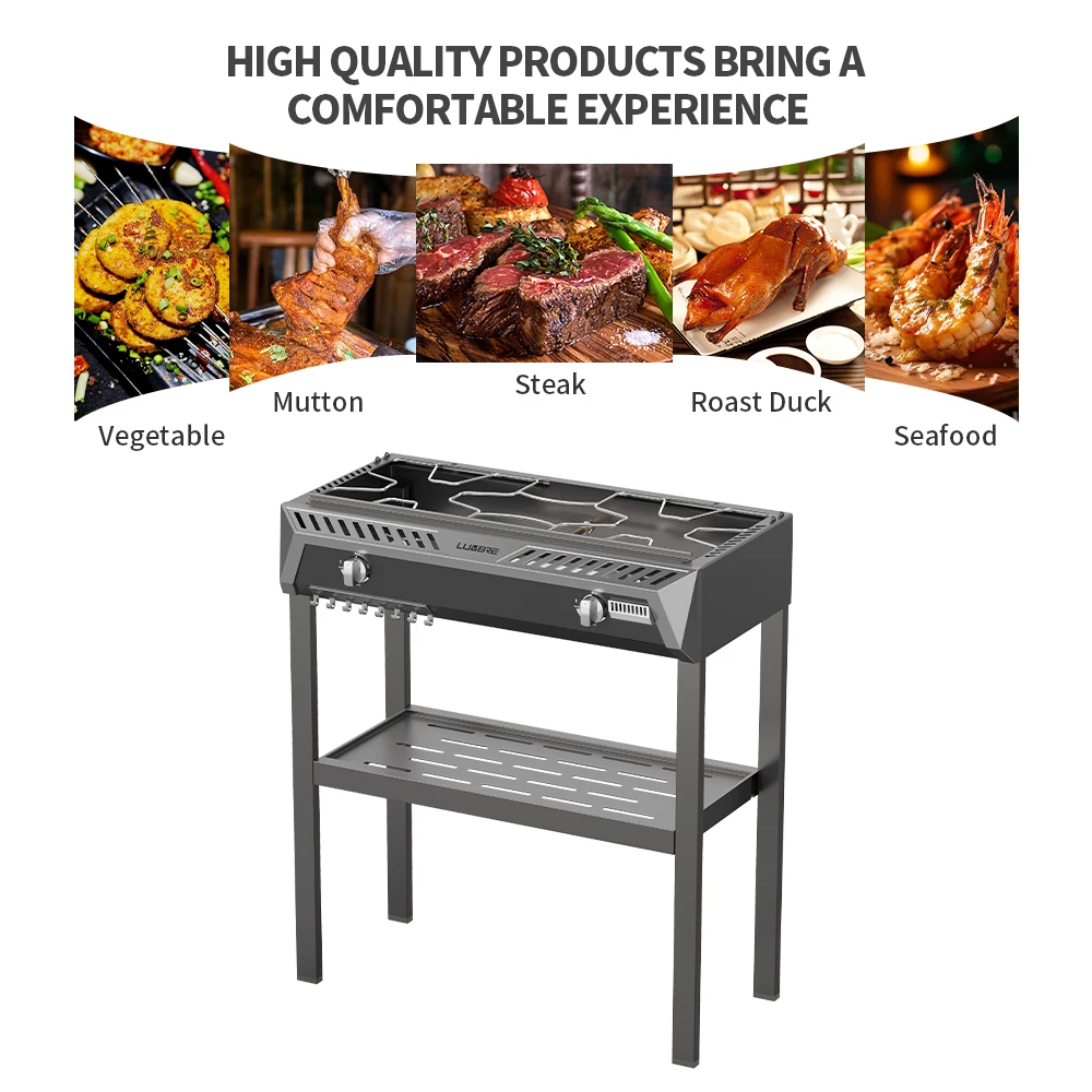 Two Side Shelf Camping Cooker Outdoor Griddle Two Burners Steel Gas Griddle with Hood