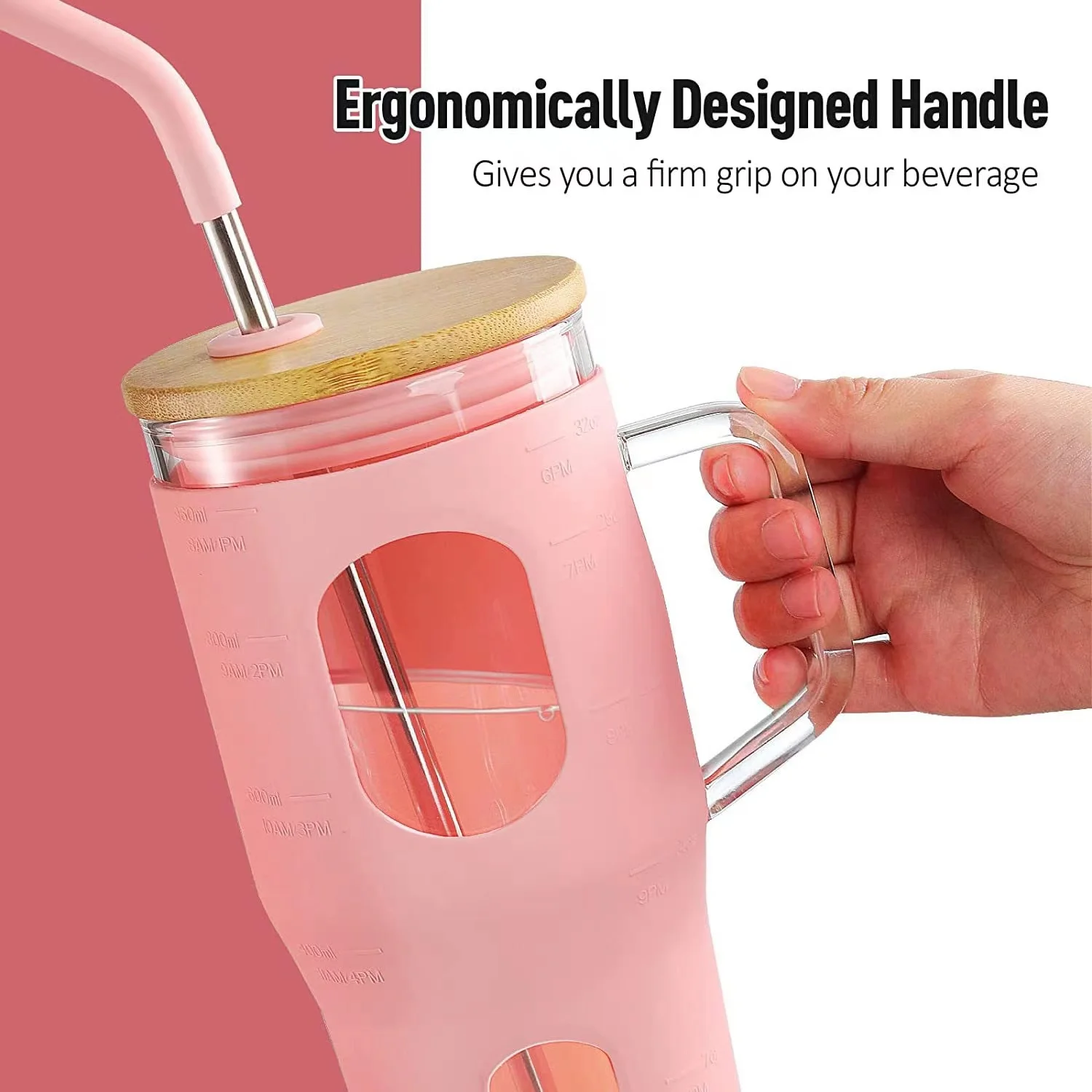 JM-K 2023 New Style 32Oz Borosilicate Glass Mug With Time Marker Tumbler Bamboo Lid and