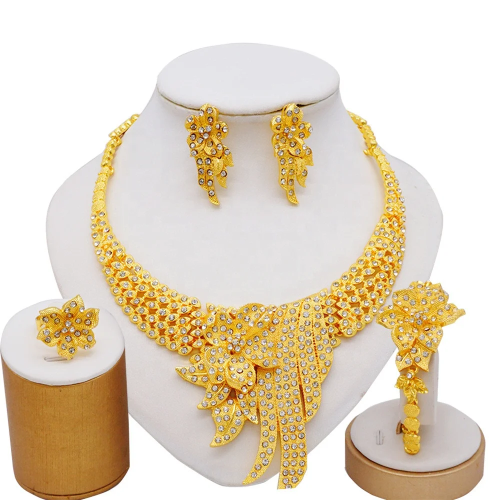 Gold Dubai Jewelry Set for Women Middle East Gold Necklace Bracelet Earrings Ethiopian Saudi Arabia Wedding Jewelry Gifts