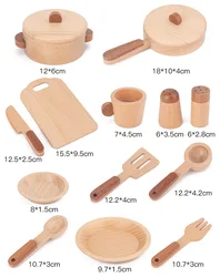 Wood Play Set Cookware Plates Dishes Play Kitchen Toys Pots Pans Cooking Sets 14 Pieces Montessori Wooden Kitchen Toy