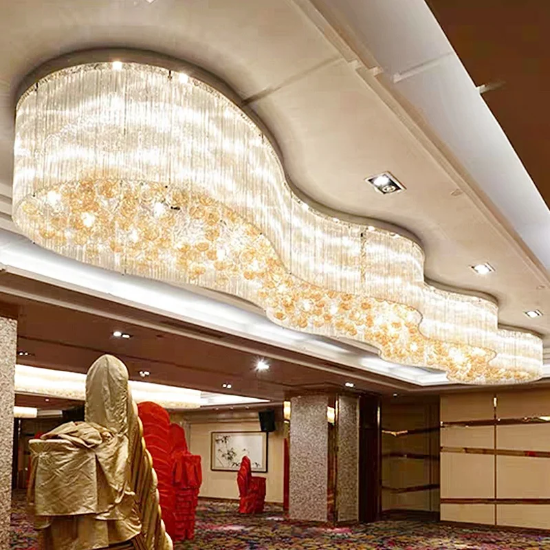 Lobby Ceiling Crystal Lighting Fixtures Chandeliers Luxury Contemporary Reception Room Banquet Hall Smooth Running Large Hotel