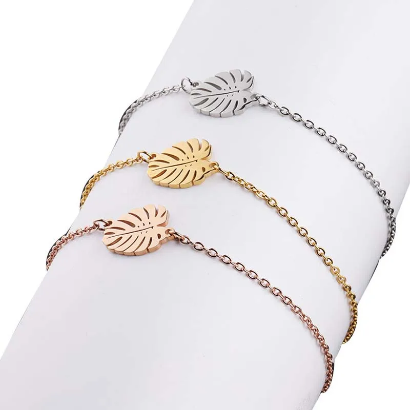 Mirror Polished Stainless Steel Elegant Cheap Jewelry  Leaf Charm Bracelet for Girls