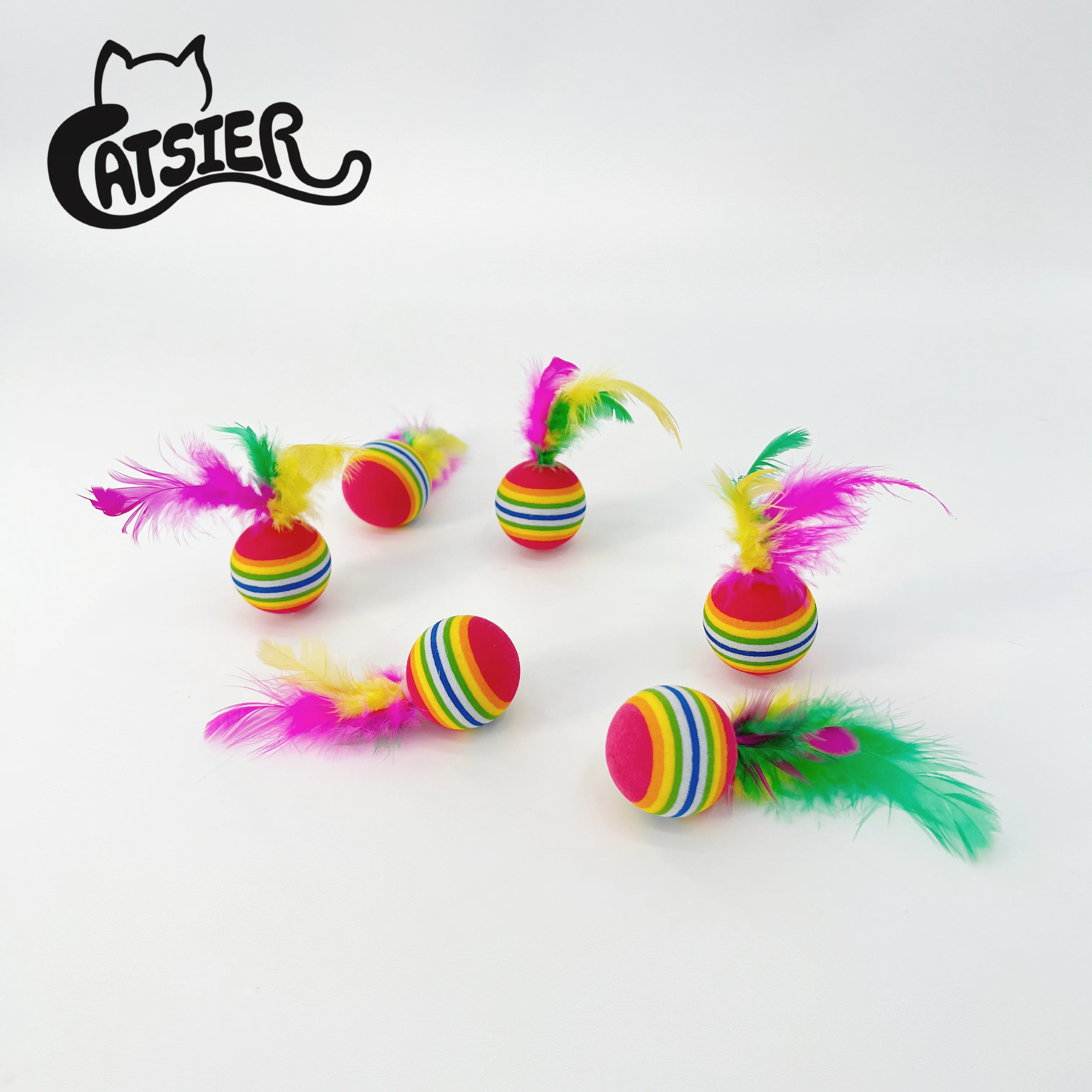 Manufacture Wholesale Foam Cat Toys Ball with Feather Rainbow Color Balls Kitten Activity Chases Quiet Play Mix Color