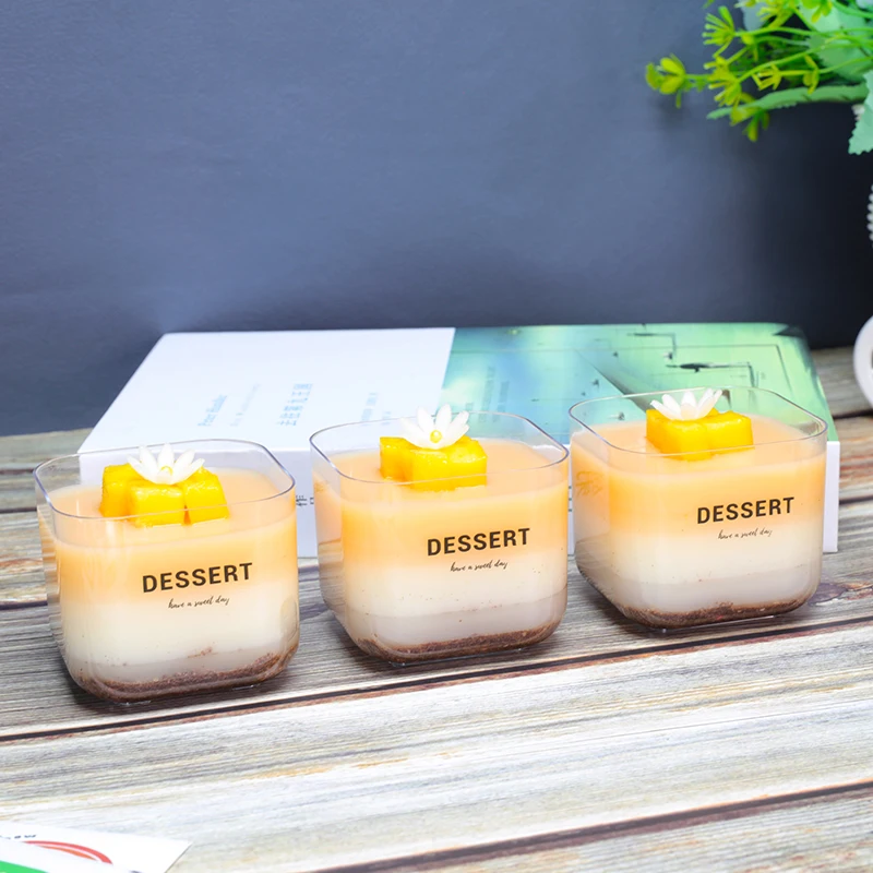 New Customizable printing hard plastic ps square for jelly mousse ice cream dessert cups with lid