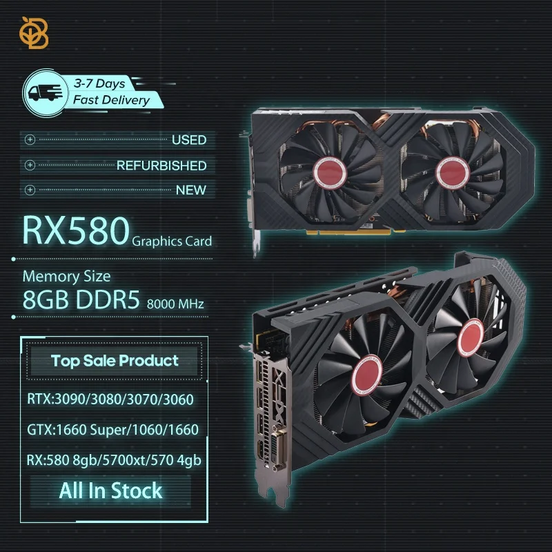 OB In Stock Used New GPU Card RX 580 8gb DDR5 RTX 3090 3080 3070 GPU GDDR6 24gb GTX 1660 Super RX 580 Graphics Cards