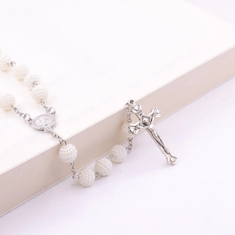 JC Wholesale 10mm Christian Plastic beads Pearl rosary Cross necklace Wedding prayer beads