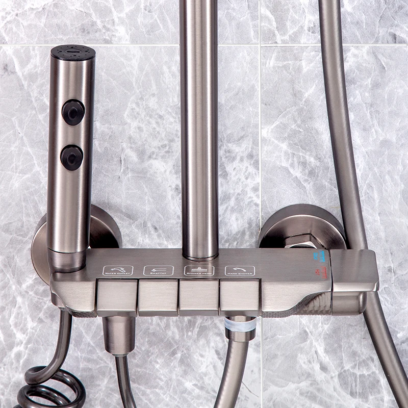 2024 New Design Full Copper Piano Keys Shower Gun Gray Piano Shower Set Modern Hot Selling Brass Body SS 304 Pipe ABS Sprayer