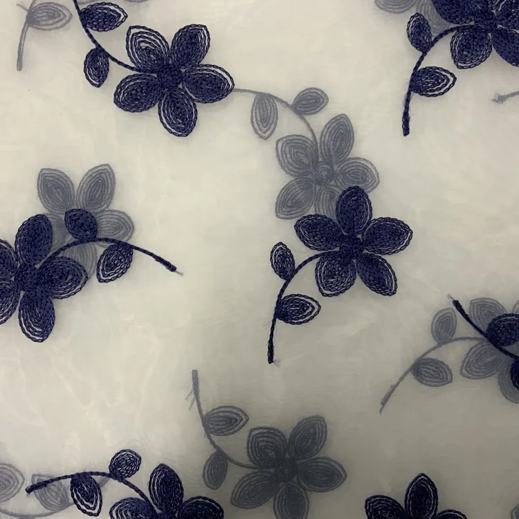 Soft new design cheap mesh big flower chain embroidery tulle organza fabric for dress