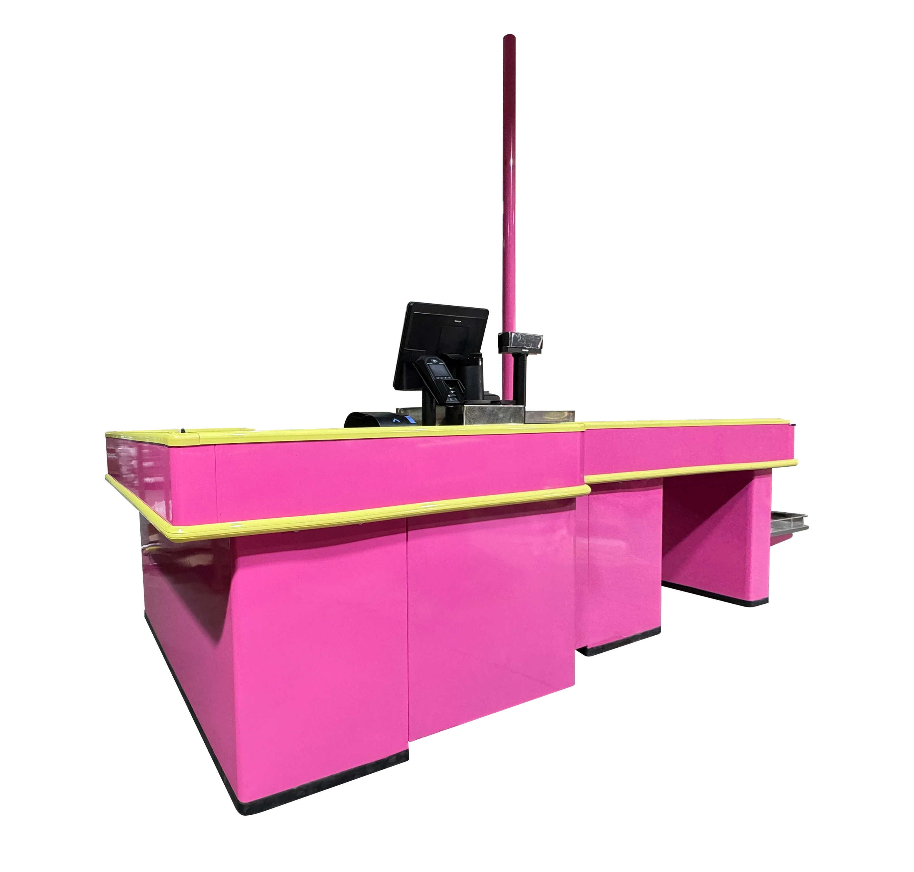 Hot Sell Supermarket Cashier Counter Pink Colour Retail Checkout Counter Store Cash Register Cashier Desk With Conveyor Belt
