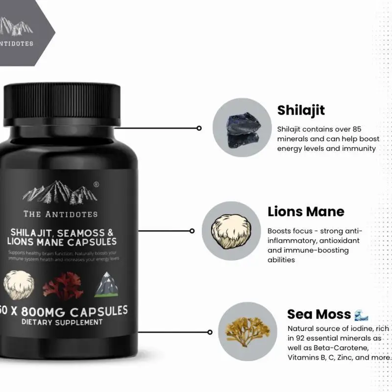 wholesale shilajit sea moss mushroom lions mane capsules 3 in 1